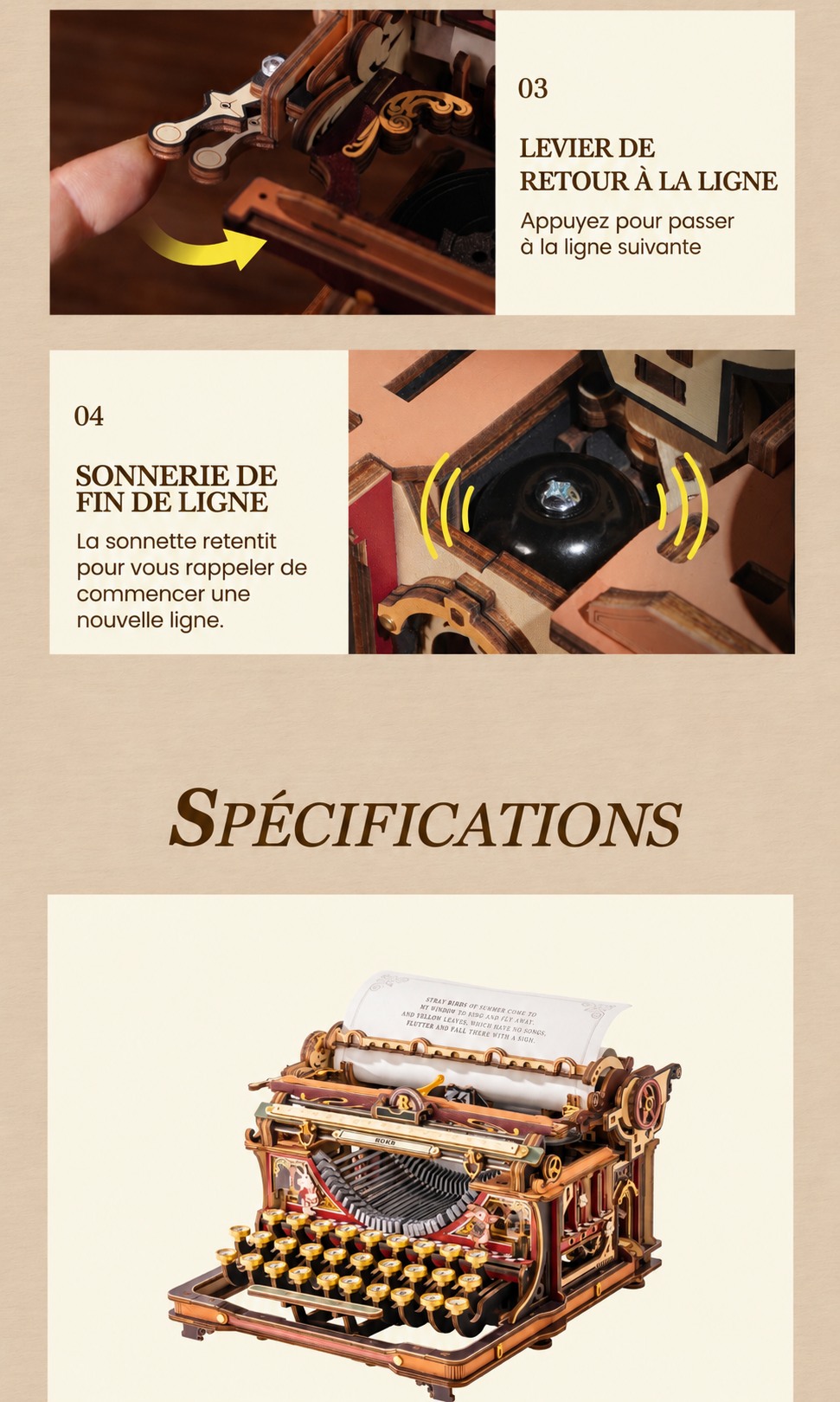 ROKR Machine a ecrire mecanique LK703C - kit modele 3D en bois, version magique, visuel de detail 14