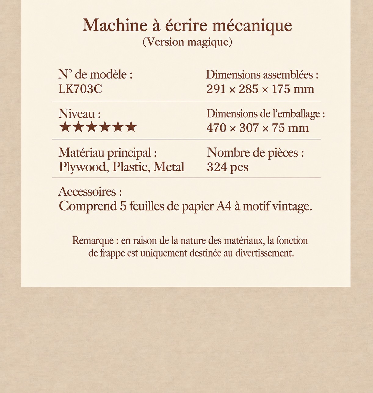 Mechanical Typewriter LK703C specifications avec 320 pieces, 291x285x175mm size, et 5-star level