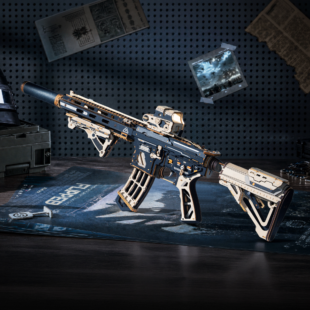 Image principale du modèle terminé Carabine ROKR M416 LQB02 - Kit de Puzzle 3D en Bois, SKU LQB02