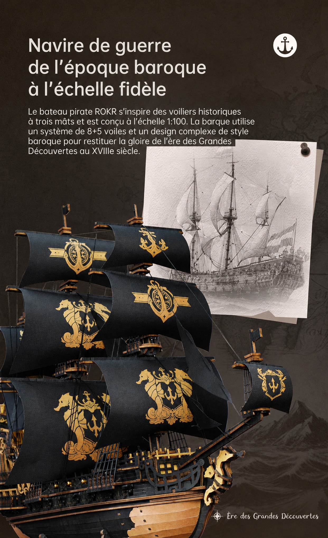 ROKR The Seahorse Barque - puzzle 3D en bois MCB02, visuel de detail 3