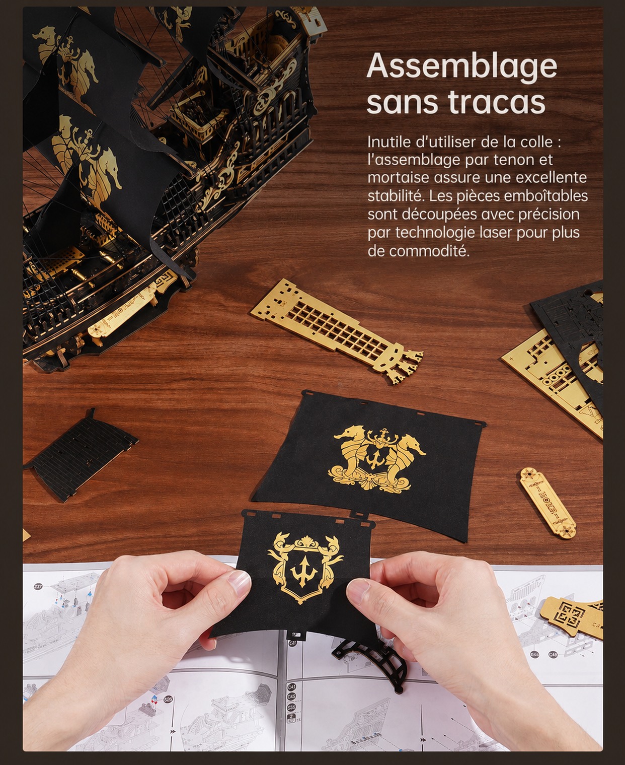ROKR The Seahorse Barque - puzzle 3D en bois MCB02, visuel de detail 8