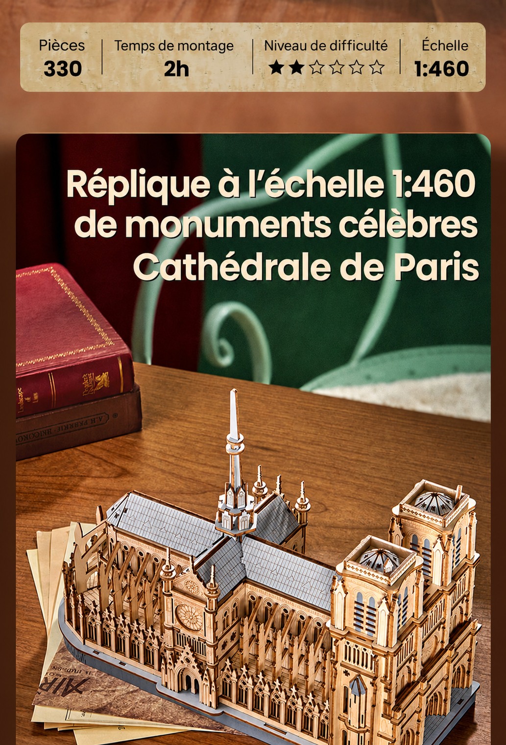 Paris Cathedral TG511 information graphic avec 330 pieces, 2 hour assemblage, et 1:460 scale