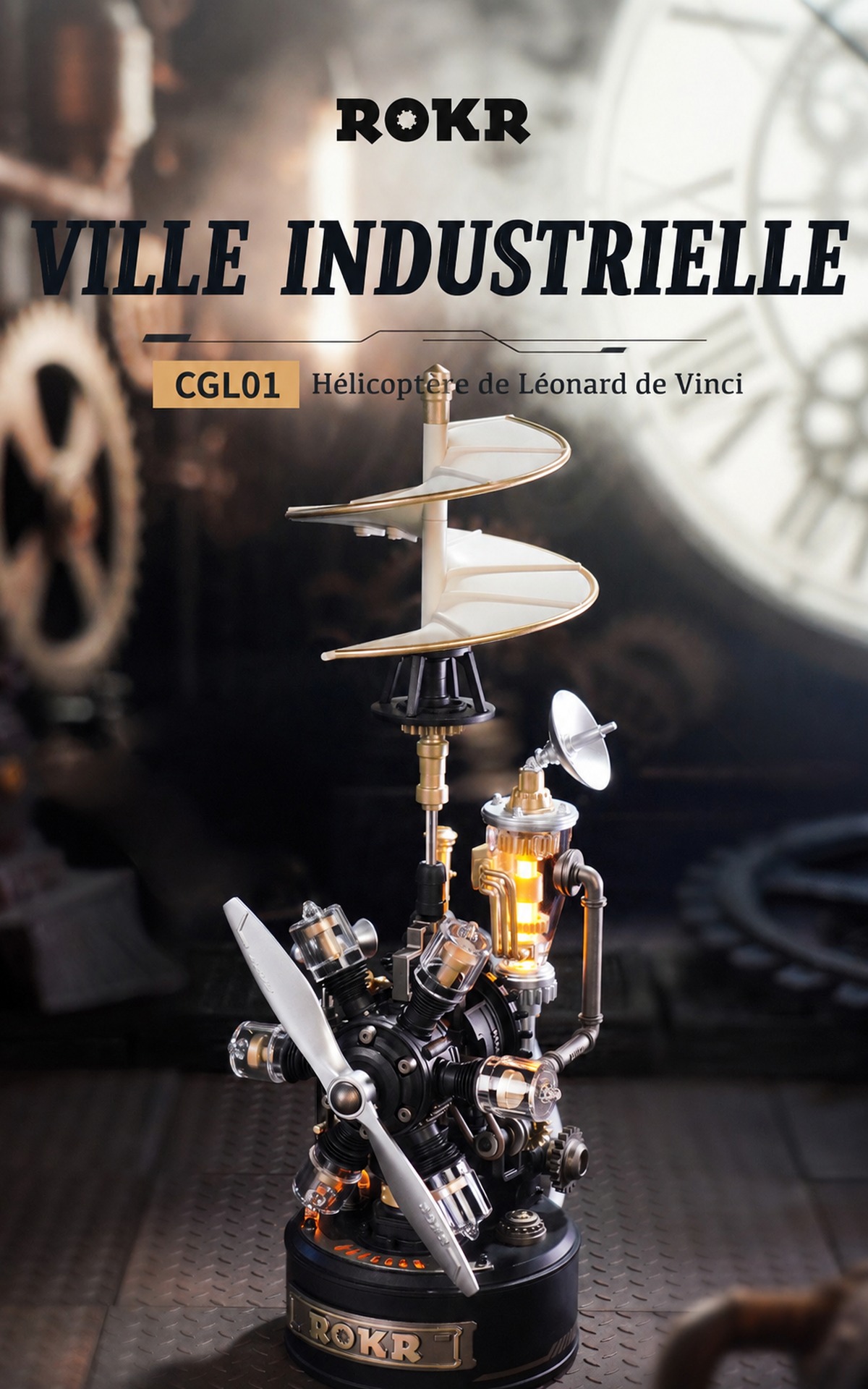Da Vinci Helicopter rotating six-cylinder star-shaped engine detail
