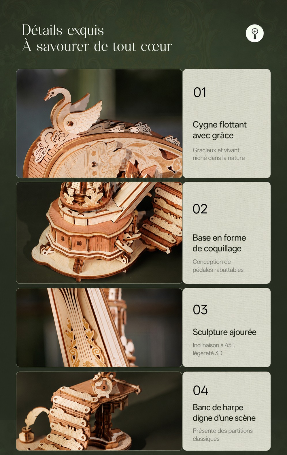 ROKR Magic Harp - modele de boite a musique en bois AMK71, visuel de detail 10
