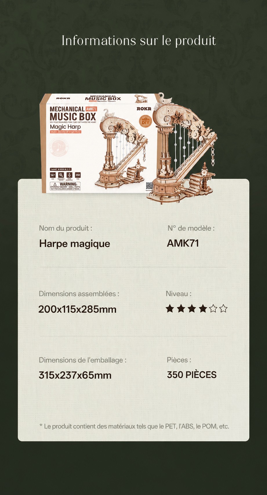Magic Harp AMK71 informations produit avec 220 pieces et finished model preview