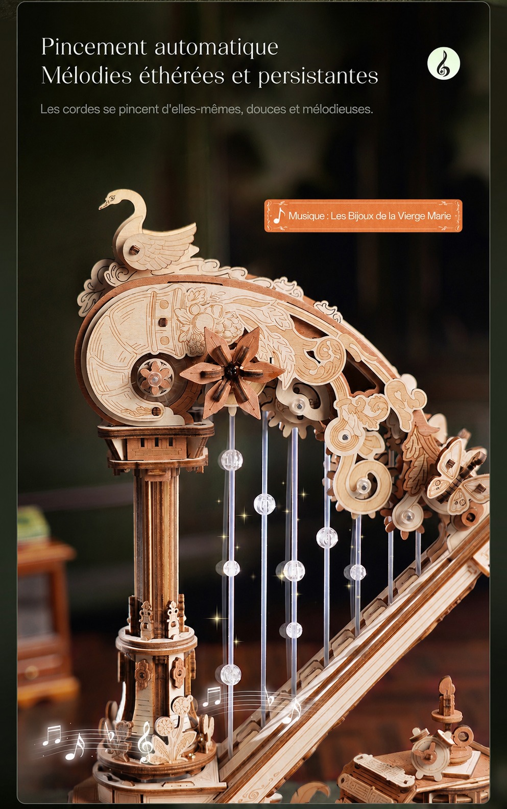 ROKR Magic Harp - modele de boite a musique en bois AMK71, visuel de detail 2