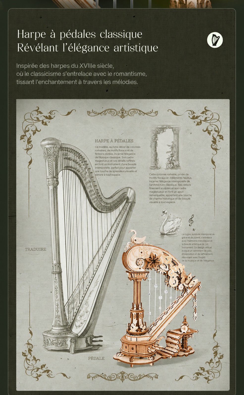 Magic Harp classical pedal harp design inspired by artistic elegance