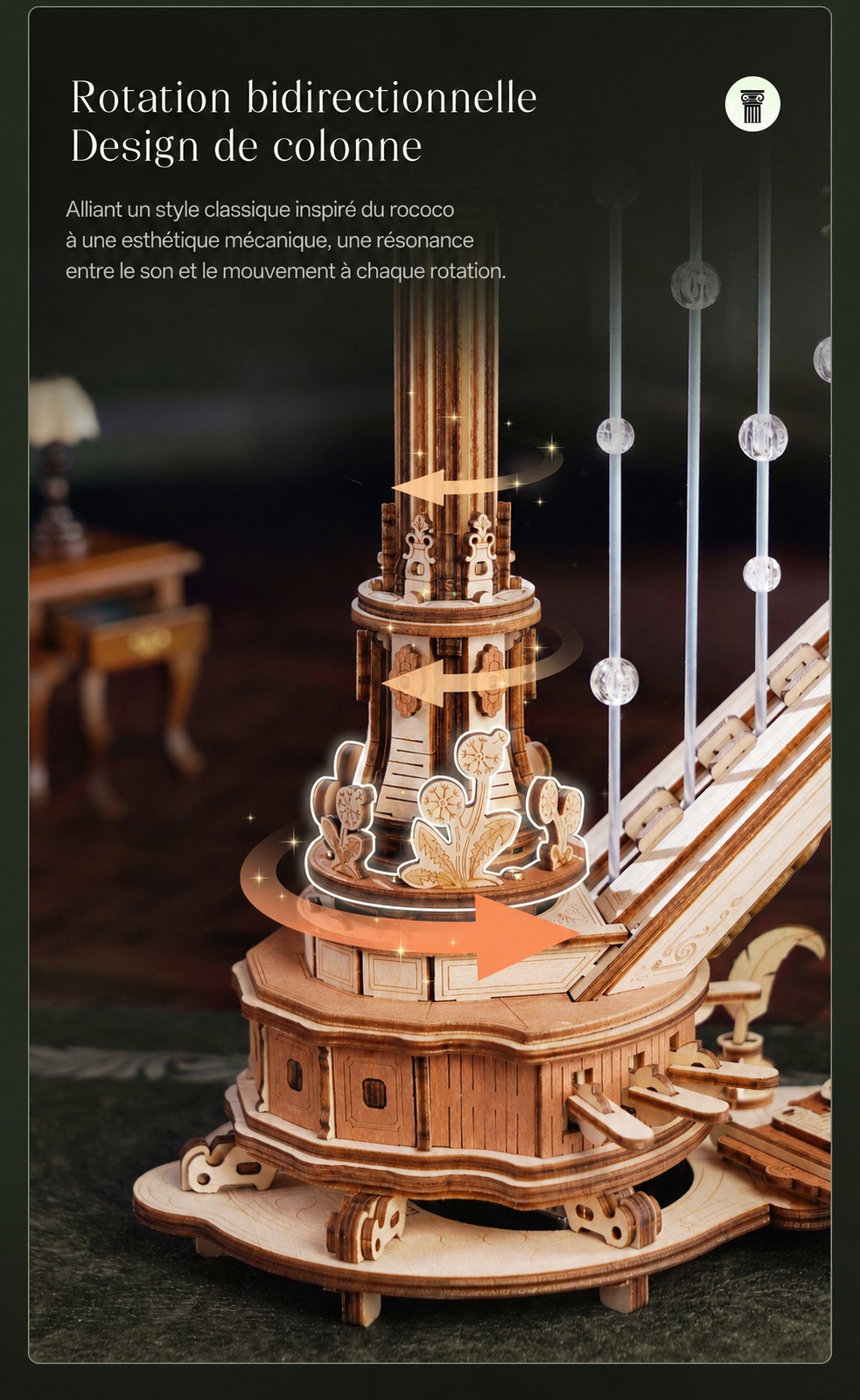Magic Harp dual direction rotation column design detail
