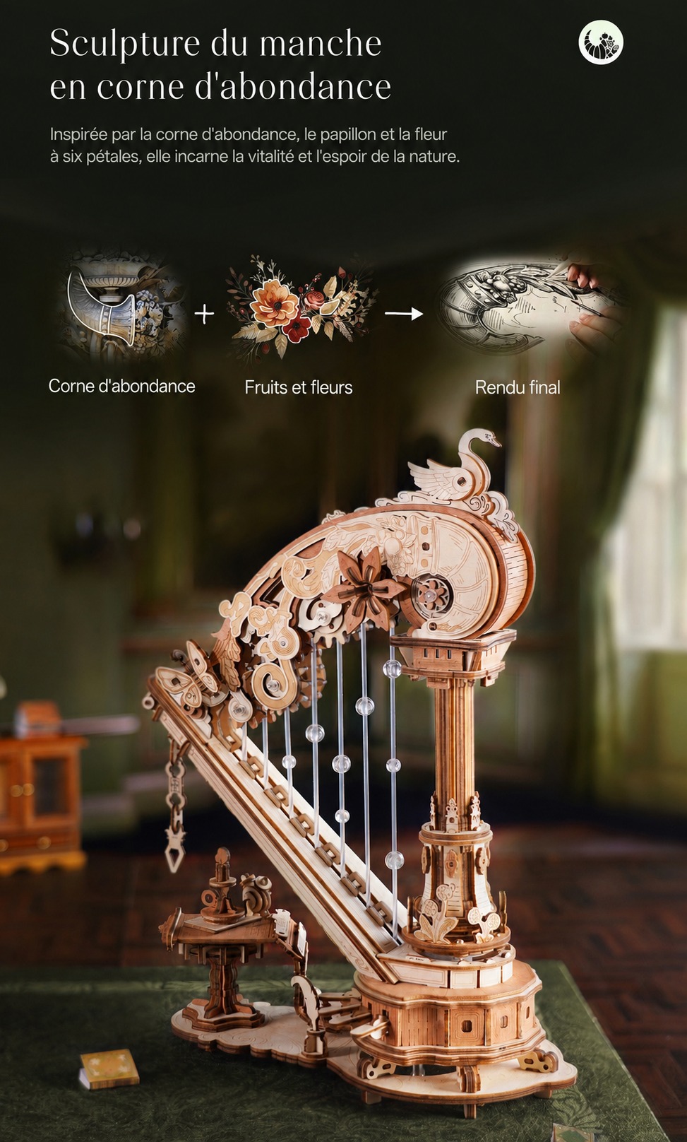 Magic Harp cam stops mechanism avec pearl et swan elements