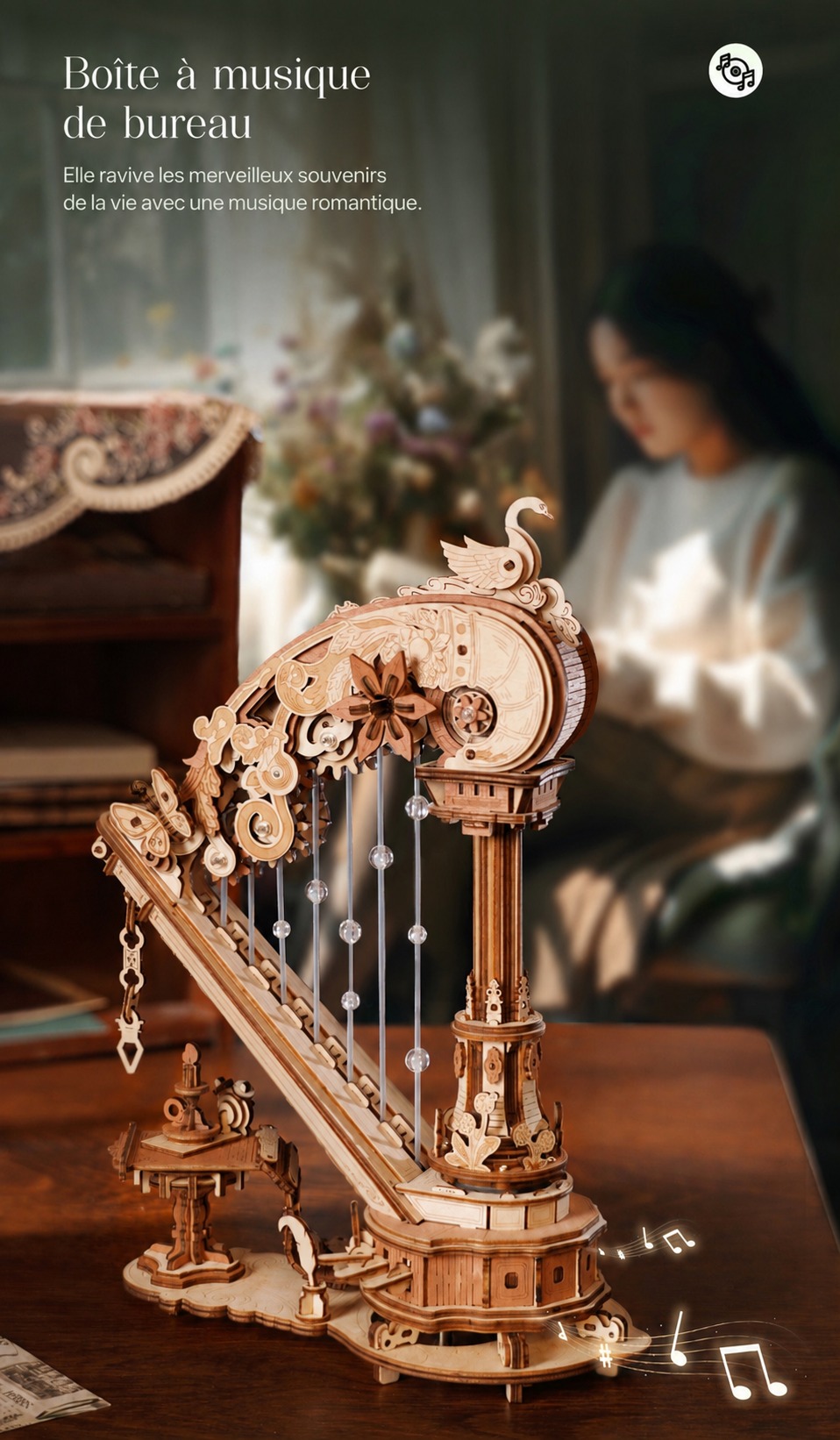 Magic Harp atmospheric scene avec warm lights et self-playing music box