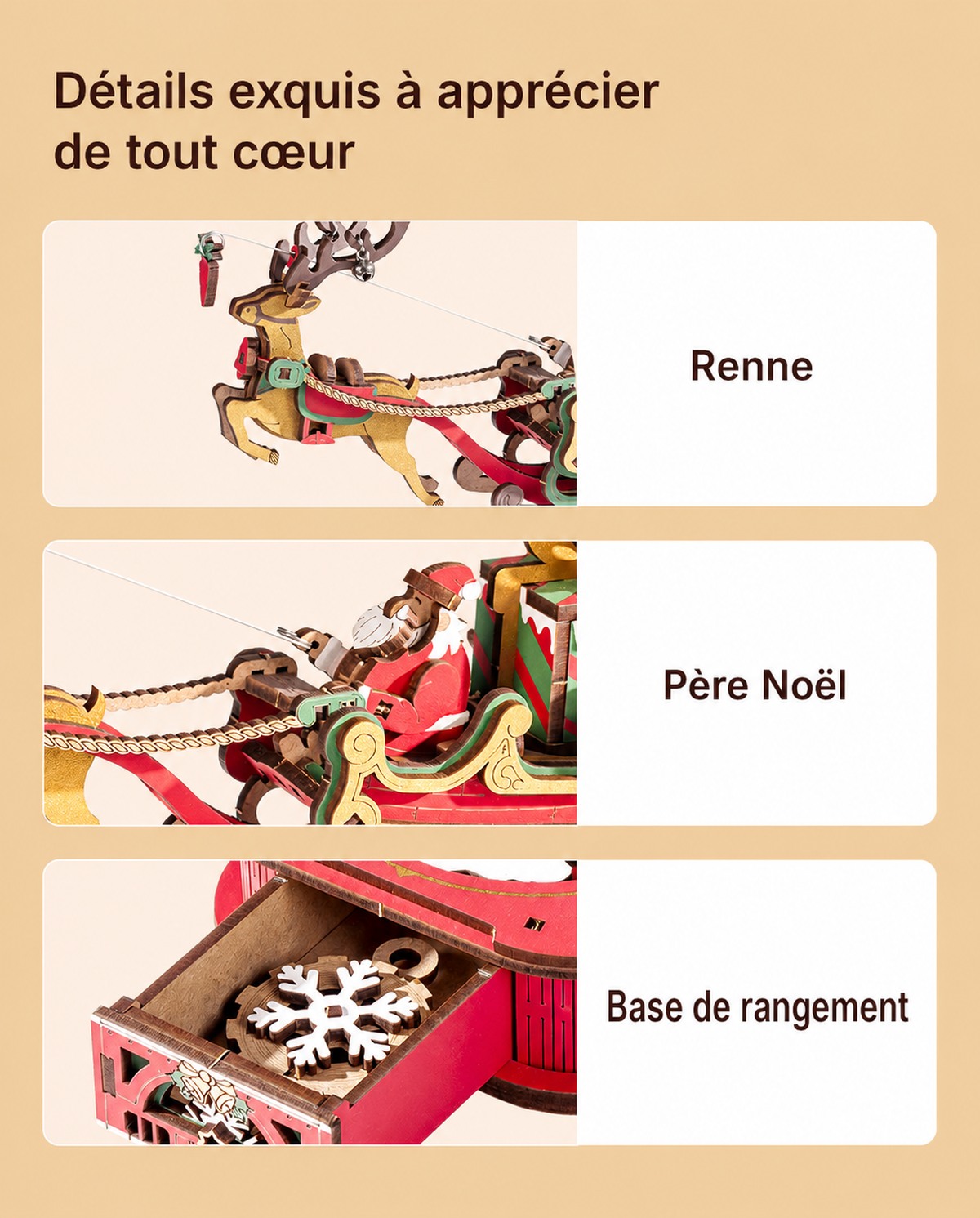 ROKR Santa on Sleigh - jouet pendule puzzle 3D MCD05, visuel de detail 5