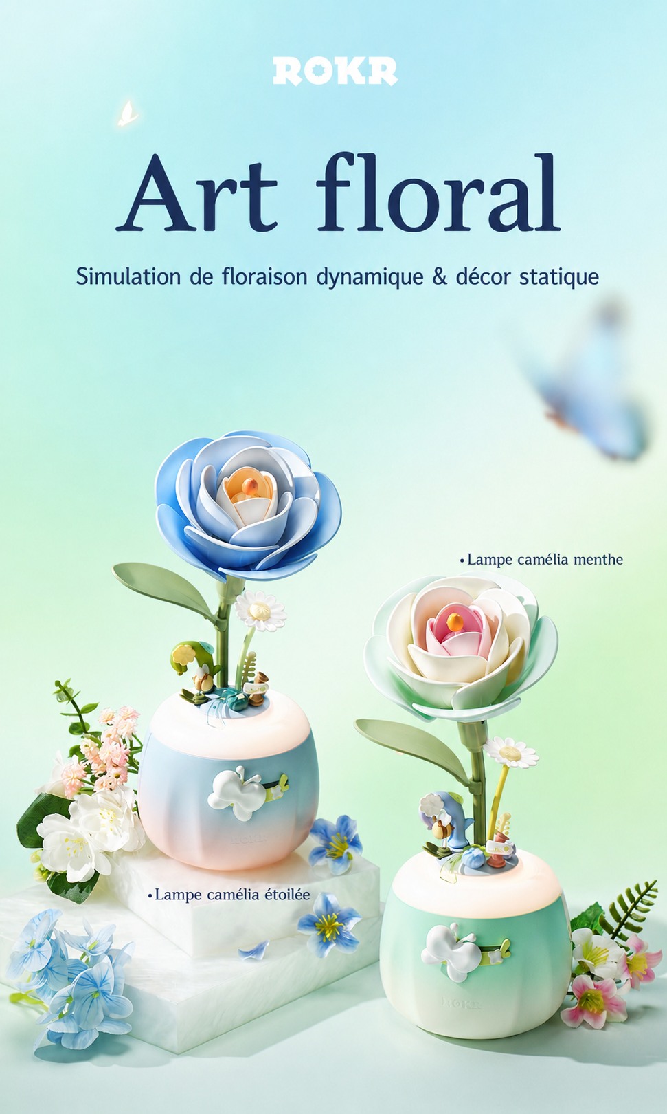 ROKR Floral Art camellia lamps avec blue et mint flower designs
