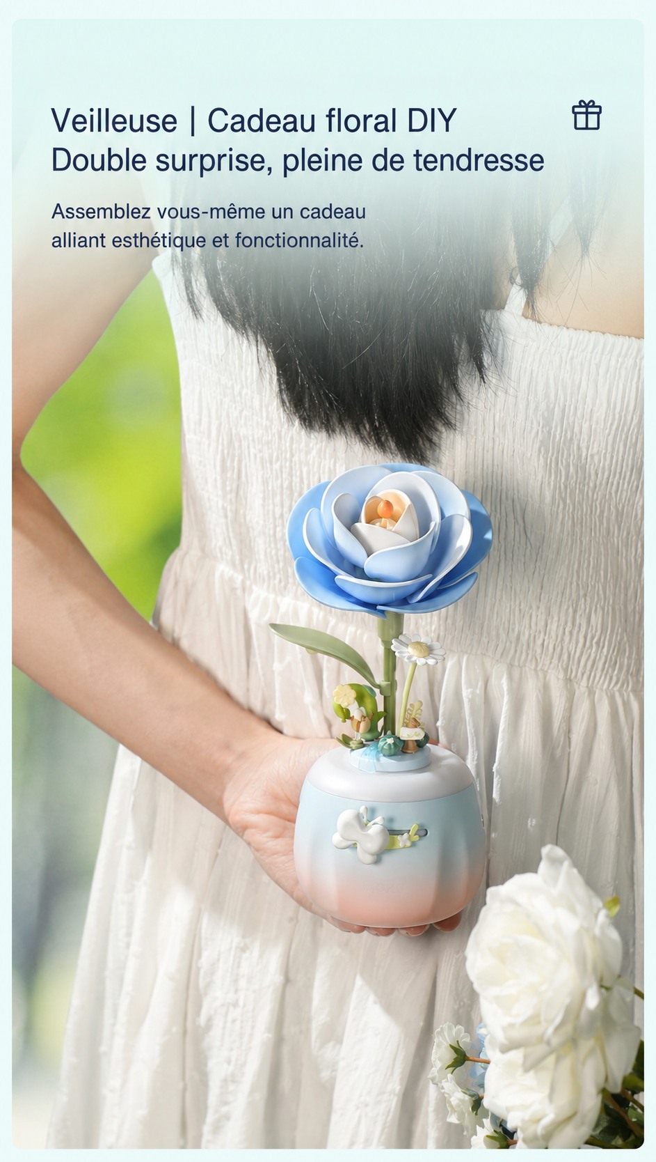 Starry Camellia Lamp used as night light beside a dress