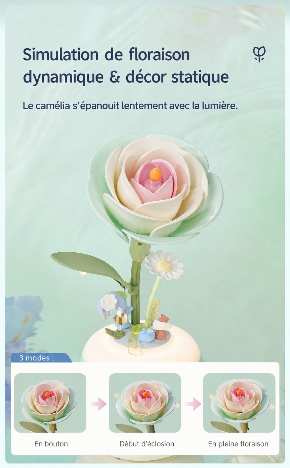Minty Camellia Lamp dynamic blossom simulation et static decor presentation