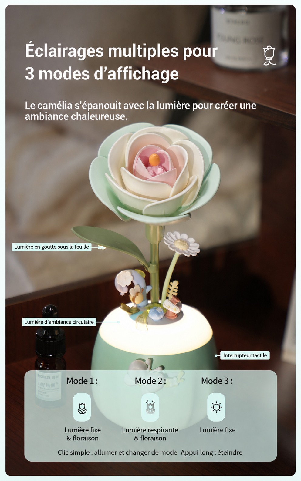 Minty Camellia Lamp avec three presentation modes et adjustable lighting