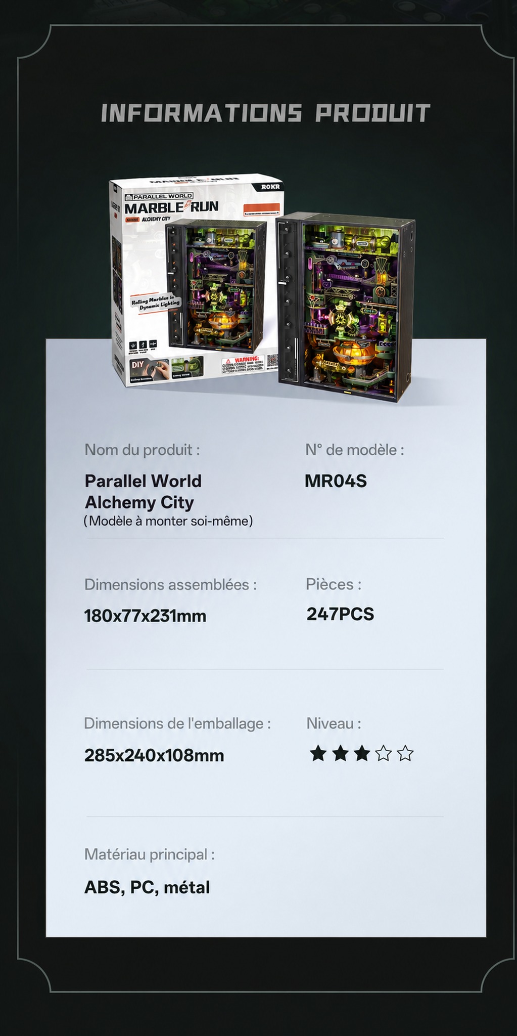 Alchemy City marble rolling et lighting presentation avec two operation modes