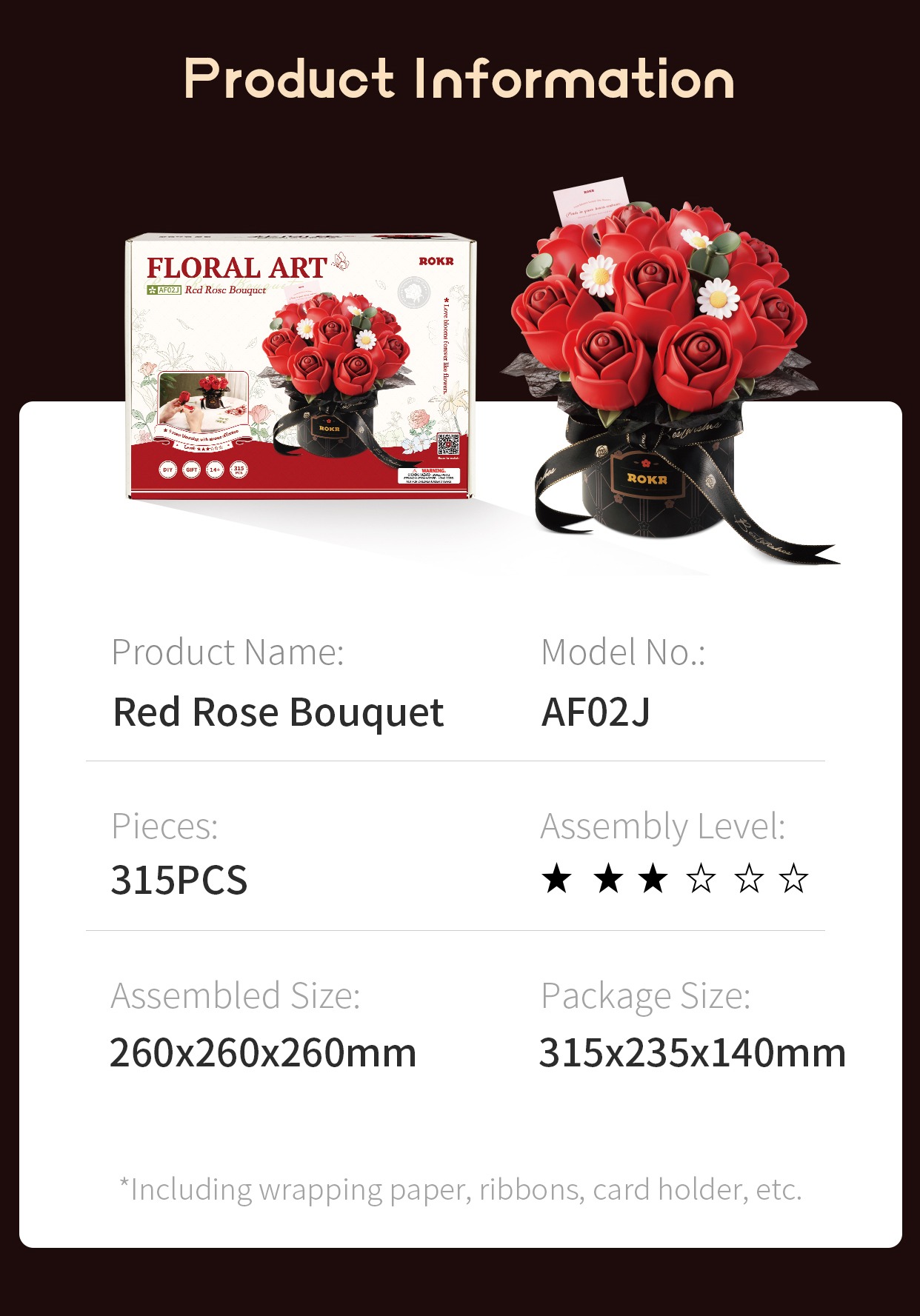 Red Rose Bouquet AF02J informations produit avec 315 pieces, 260x260x260mm assembled size, et 315x235x140mm emballage