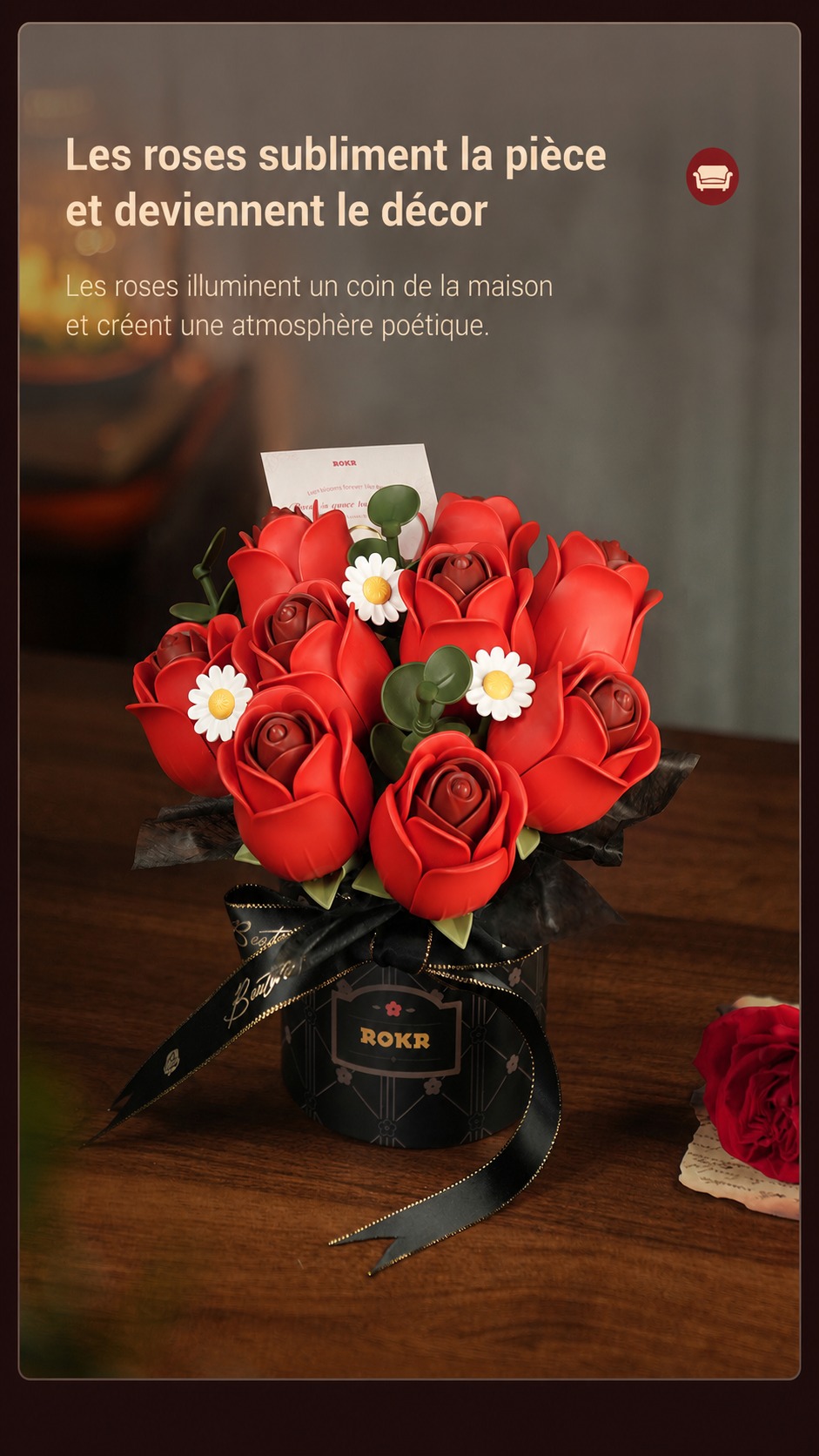 ROKR Red Rose Bouquet - bouquet de fleurs DIY puzzle 3D AF02J, visuel de detail 2