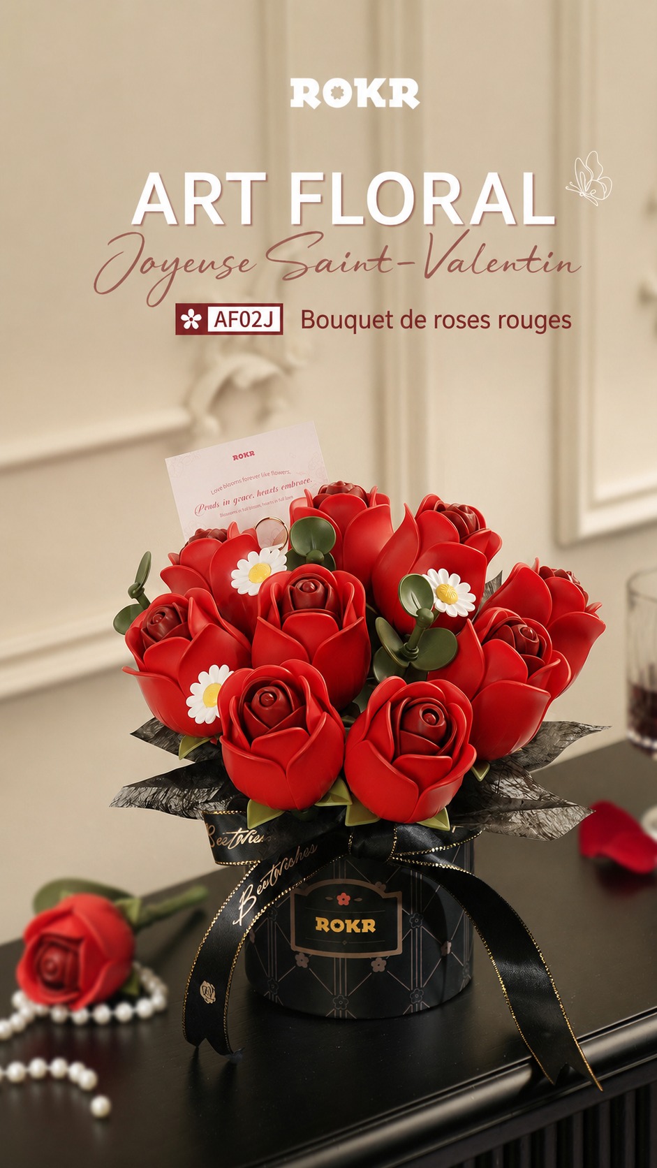 ROKR Red Rose Bouquet - bouquet de fleurs DIY puzzle 3D AF02J, visuel de detail 3
