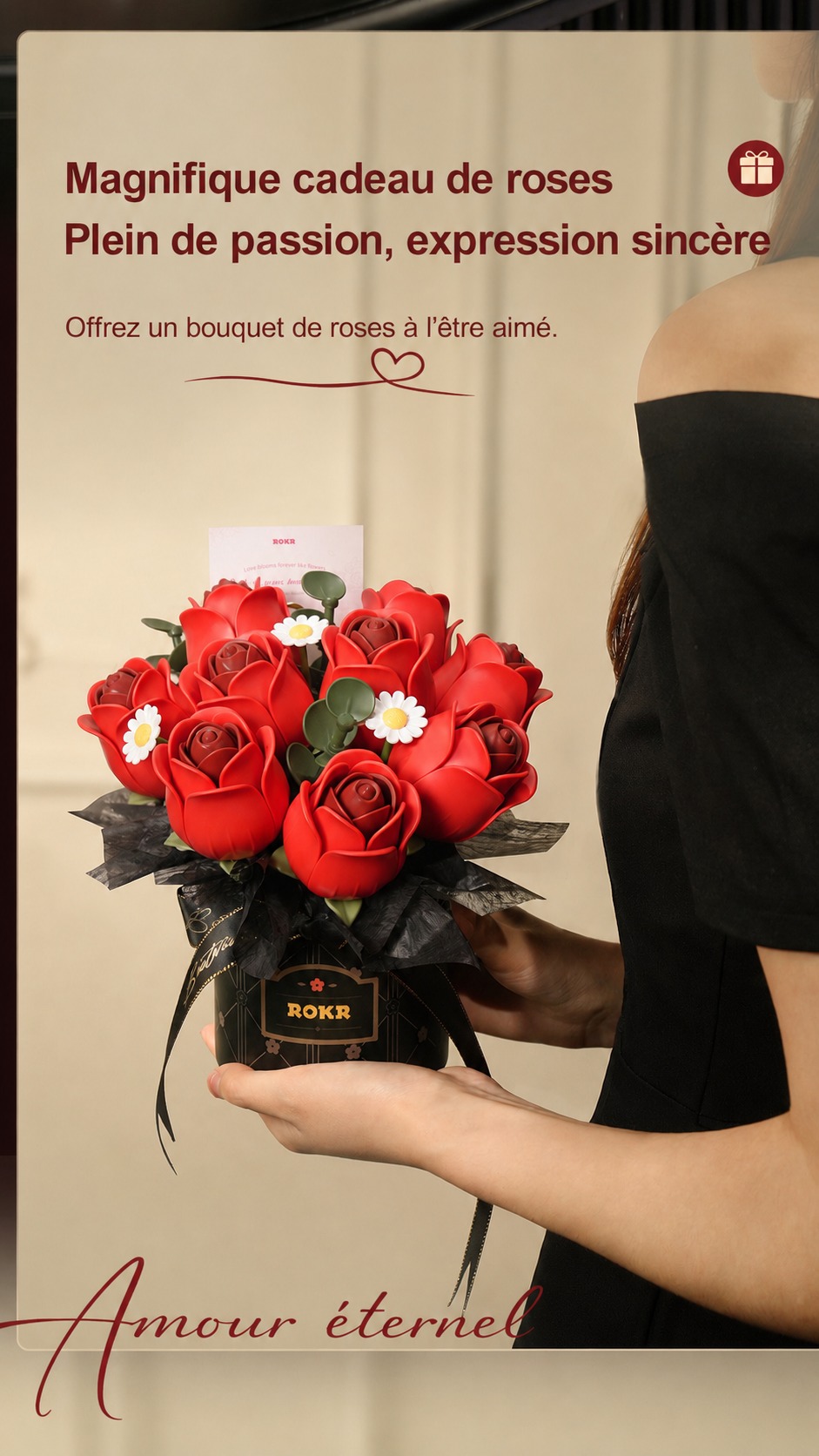 Red Rose Bouquet avec nine French burgundy red roses et coated leaves