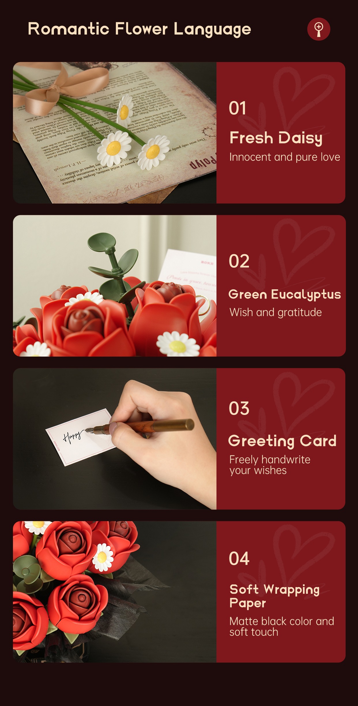 Red Rose Bouquet romantic flower language details avec fresh daisy, green eucalyptus, greeting card, et dark wrapping paper