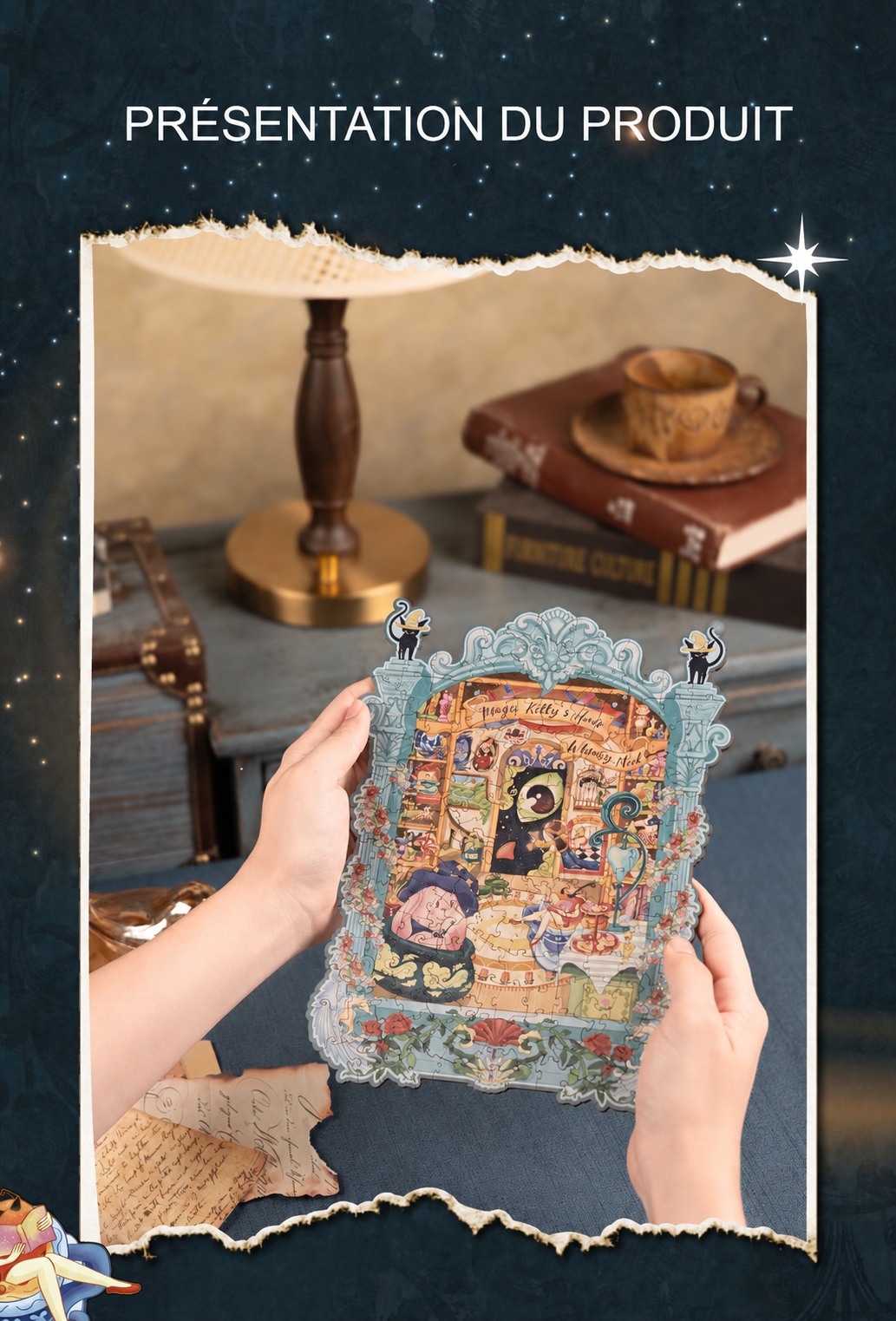 Magic Kitty's Home wooden jigsaw puzzle product presentation held by het