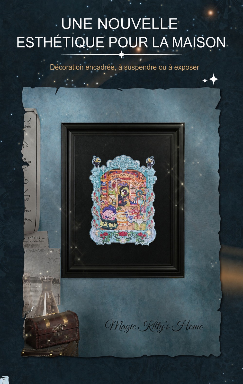 Magic Kitty's Home framed puzzle as home wall decor
