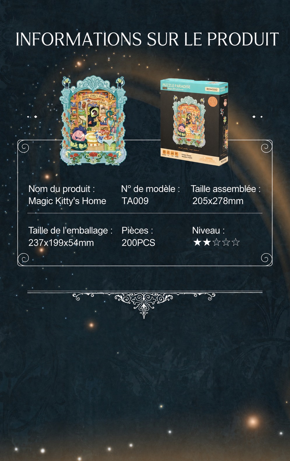 Magic Kitty's Home TA009 informations produit avec 200 pieces, 205x278mm assembled size, et 237x199x54mm emballage