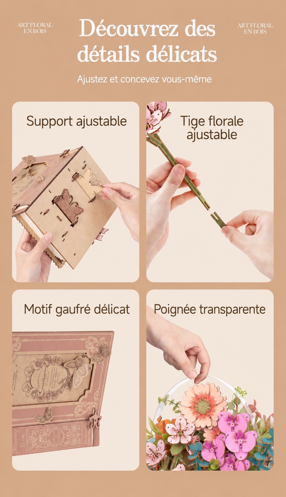 Wooden Blooming Book flower petal assemblage gros plan