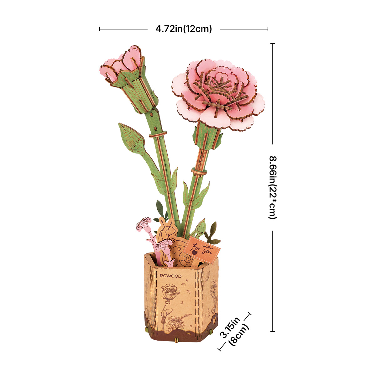 Graphique de taille Rowood Pink Carnation TW051 montrant 12 cm de largeur et 23,5 cm de hauteur