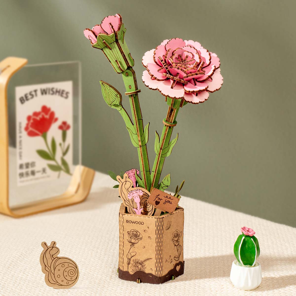 Rowood Pink Carnation TW051 présentoir à fleurs en bois avec cadre et petit décor