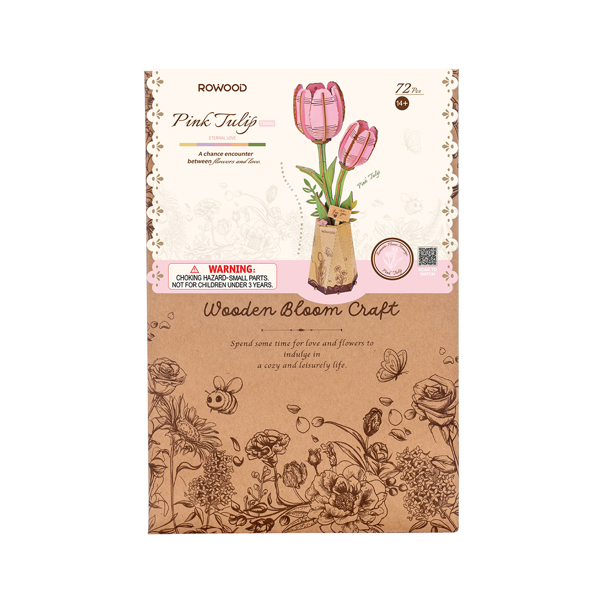 Rowood Pink Tulip TW082 paquet recto et verso avec motif artisanal en fleurs caché