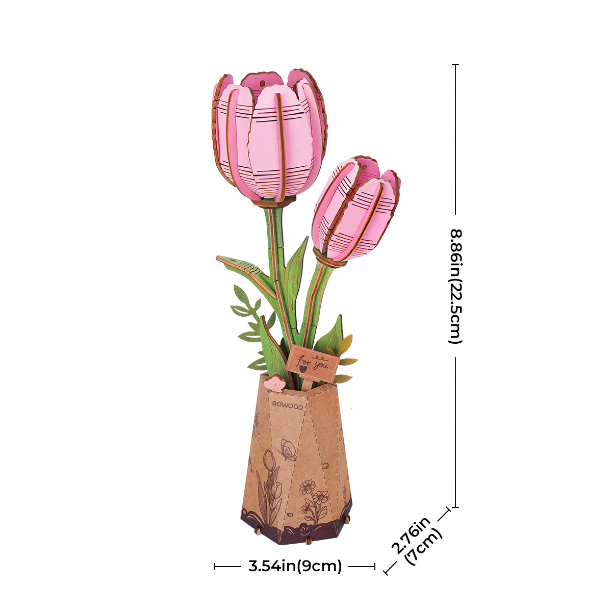 Graphique de taille Rowood Pink Tulip TW082 montrant 9 cm de largeur et 25 cm de hauteur