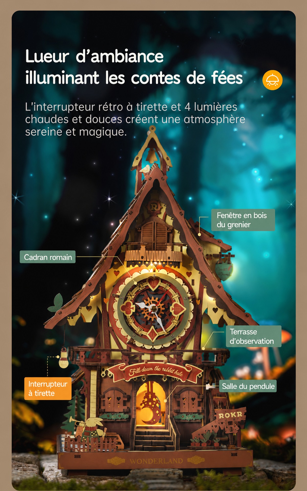 ROKR Cuckoo Clock cover avec detailed wooden house et forest theme