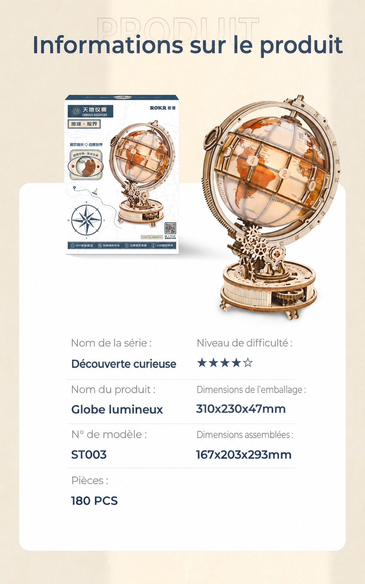 ROKR Luminous Globe ST003 cover avec upgraded wooden globe design