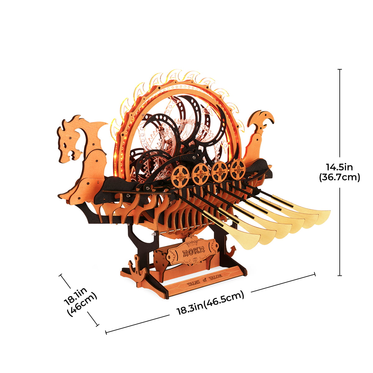 Graphique de taille ROKR Viking Dragon Ship LK802 montrant 46,5 cm de longueur et 36,7 cm de hauteur