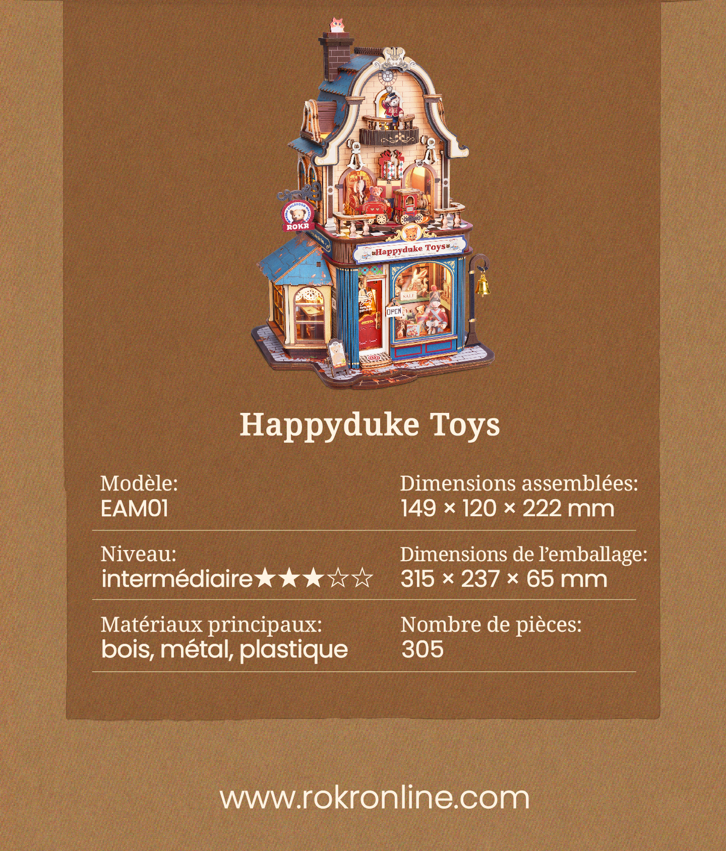 Modèle terminé et présentation détaillée de ROKR Happyduke Toys EAM01 - Maquette en Bois 3D, SKU EAM01