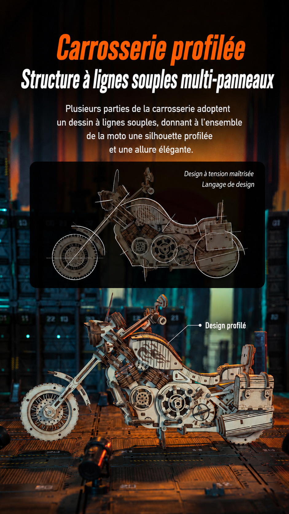 ROKR Cruiser Motorcycle - puzzle 3D en bois LK504, mise en scene du modele assemble