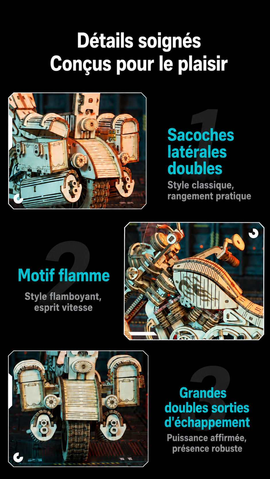 ROKR Cruiser Motorcycle - puzzle 3D en bois LK504, visuel de detail 7