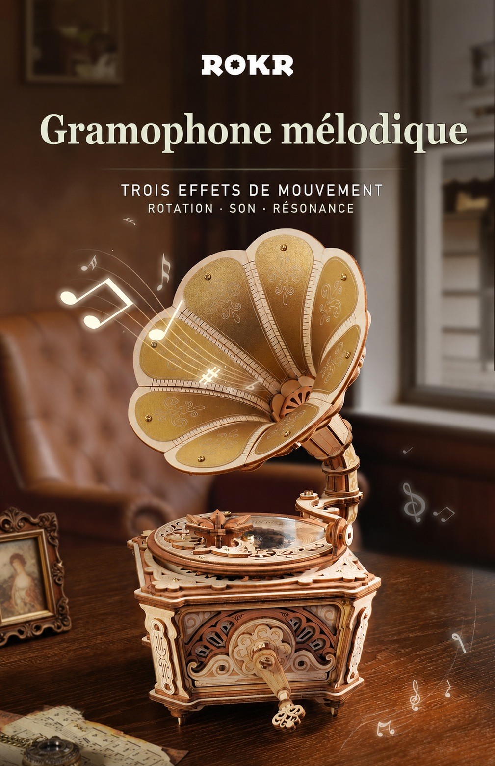 ROKR Diva Gramophone AMK82, affiche du gramophone melodique en bois avec effets de mouvement rotation, son et resonance.