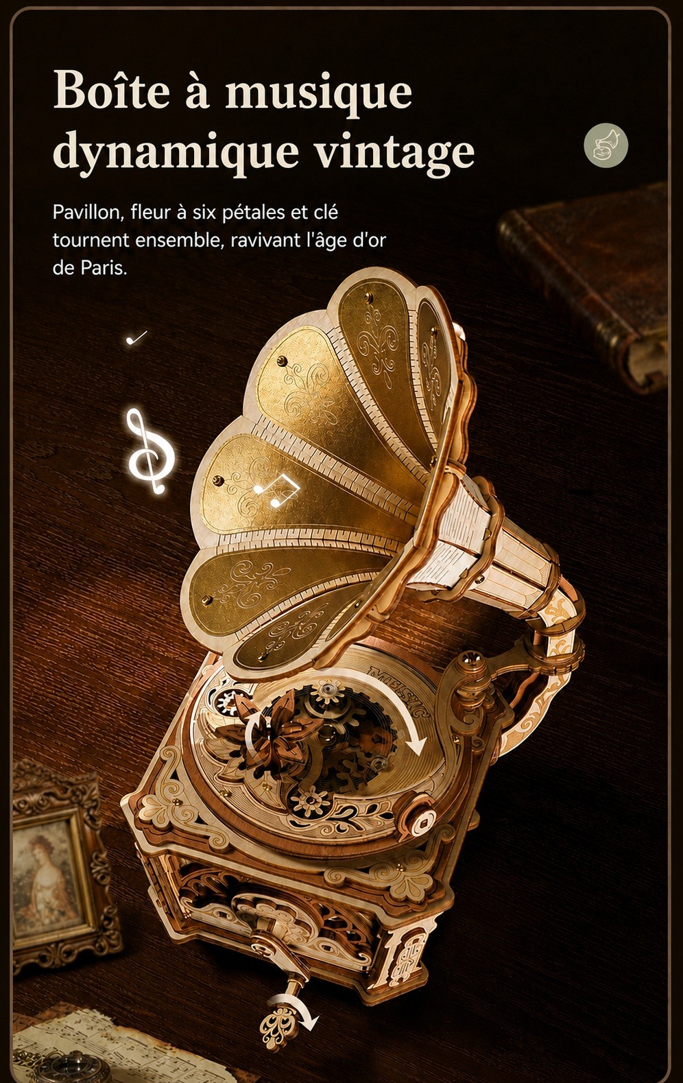 ROKR Diva Gramophone AMK82, boite a musique dynamique vintage inspiree d un pavillon de gramophone et d une fleur a six petales.
