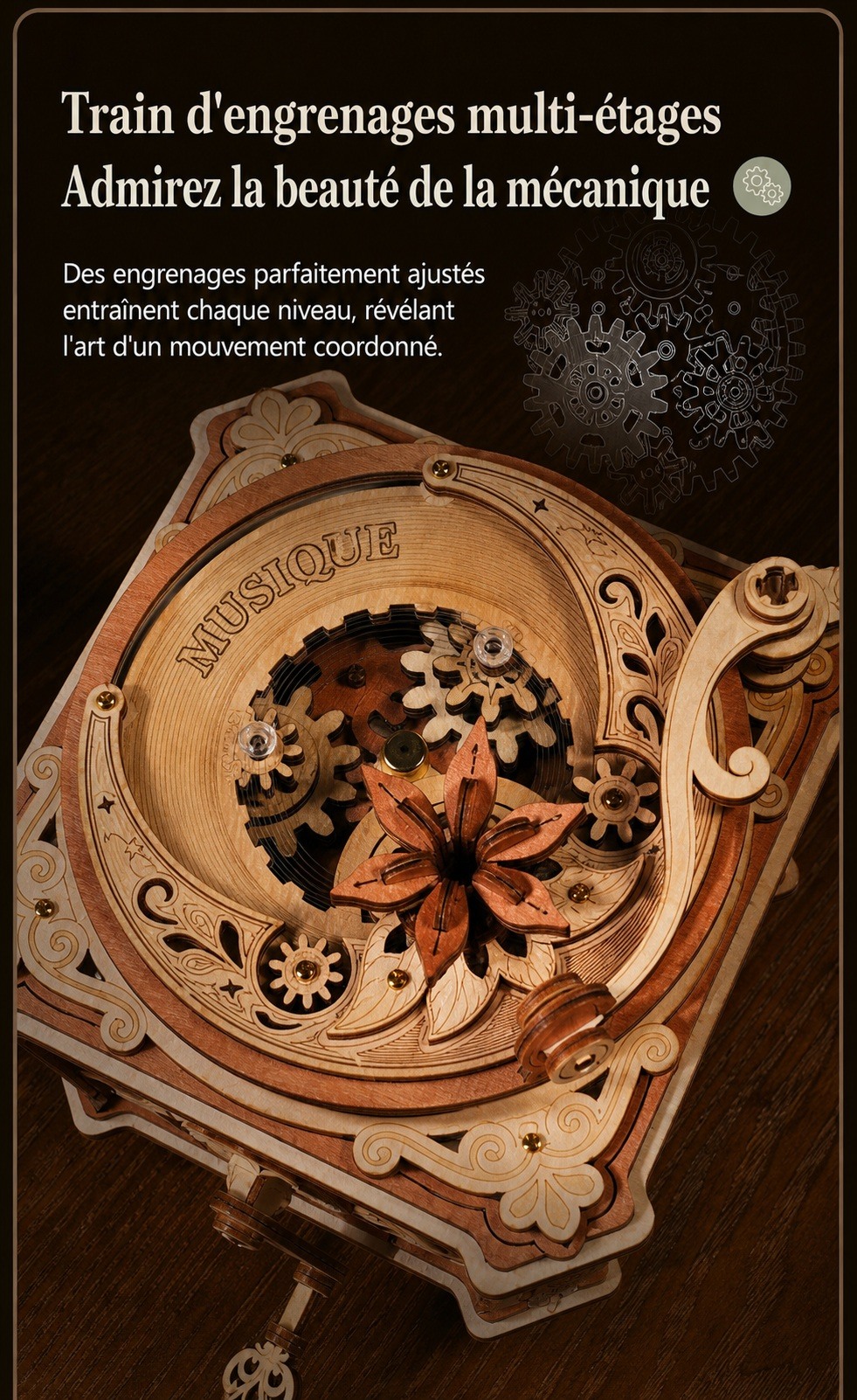 ROKR Diva Gramophone AMK82, vue rapprochee du train d engrenages multi-etages qui anime le mouvement musical.