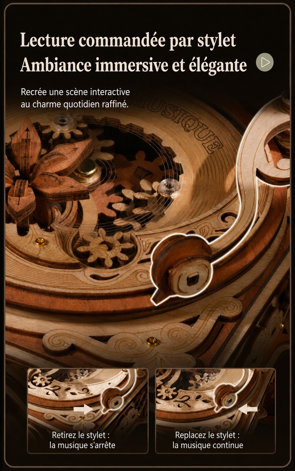 ROKR Diva Gramophone AMK82, lecture commandee par stylet avec details du mecanisme interactif et de l ambiance musicale.