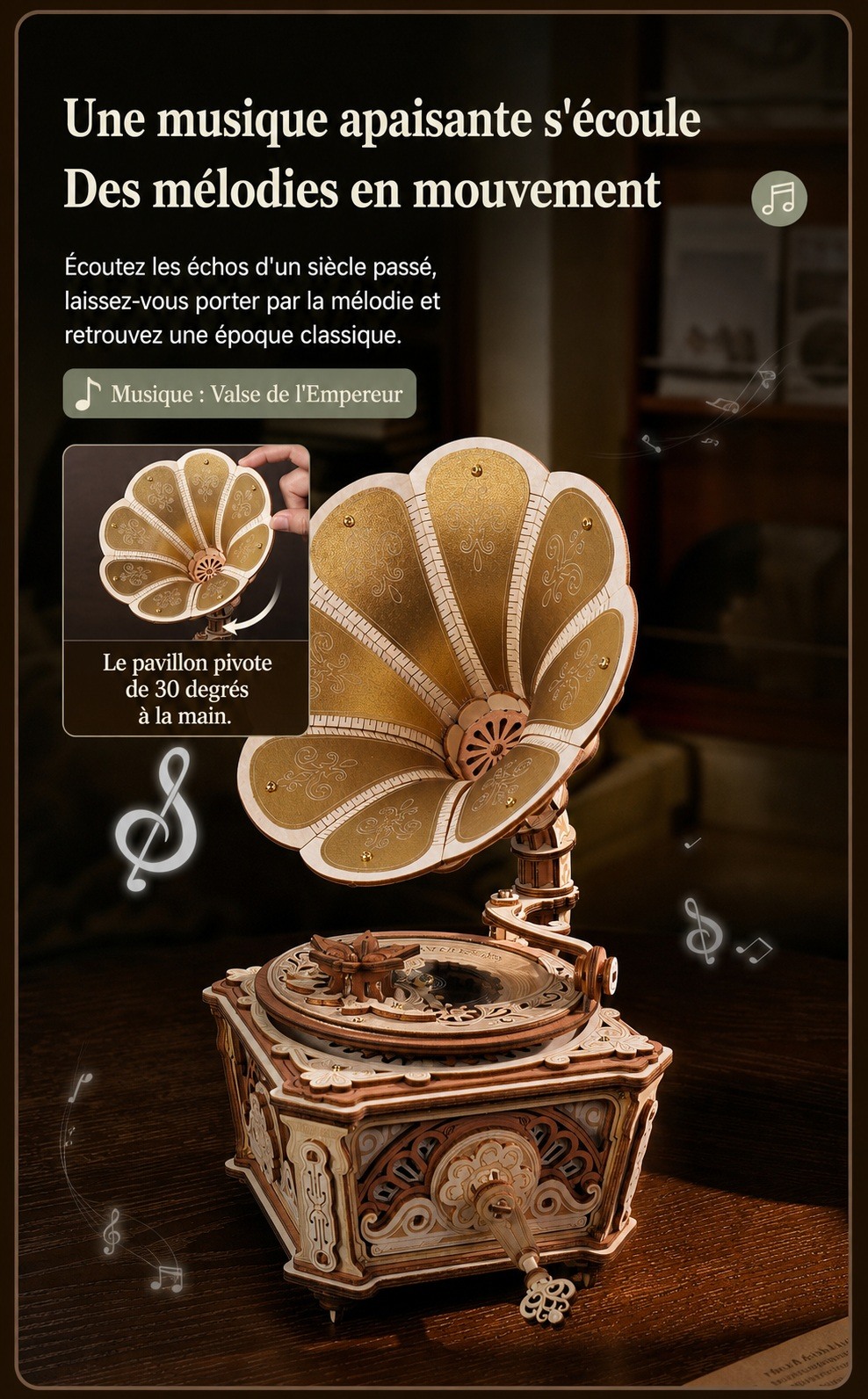 ROKR Diva Gramophone AMK82, gramophone decoratif avec pavillon tournant et melodies apaisantes en mouvement.
