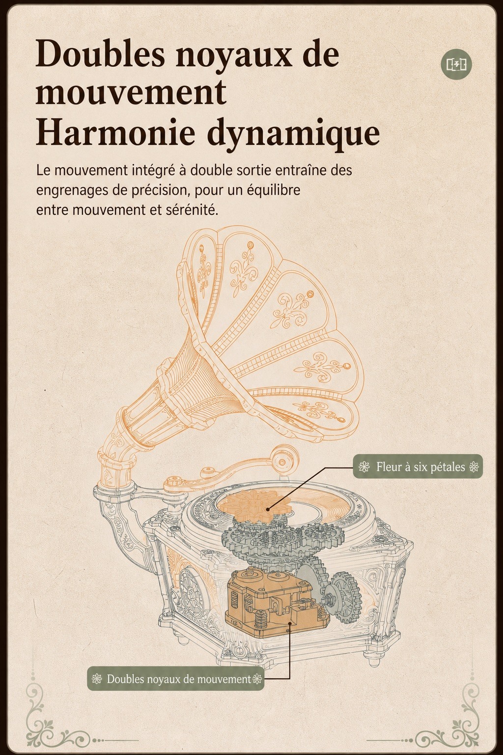 ROKR Diva Gramophone AMK82, schema des doubles noyaux de mouvement et de la harpe dynamique du modele.