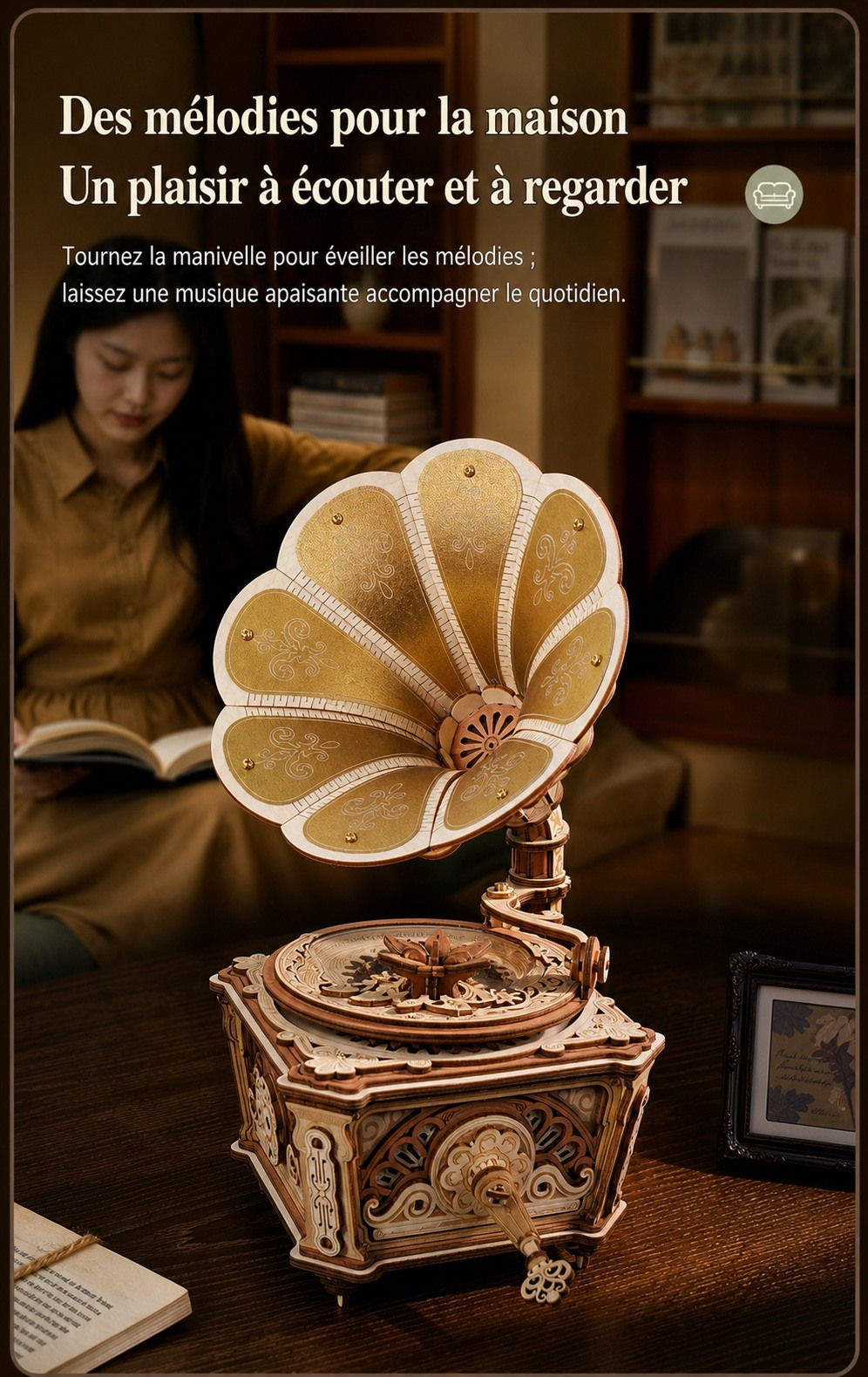 ROKR Diva Gramophone AMK82, scene de decoration interieure montrant la boite a musique exposee a la maison.