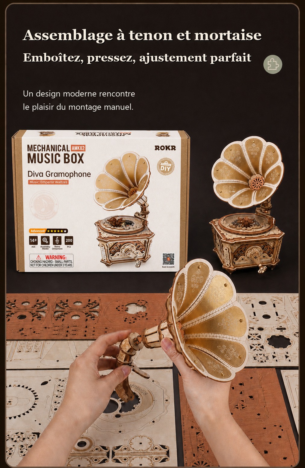 ROKR Diva Gramophone AMK82, assemblage a tenon et mortaise avec boite, pieces et montage manuel du pavillon.