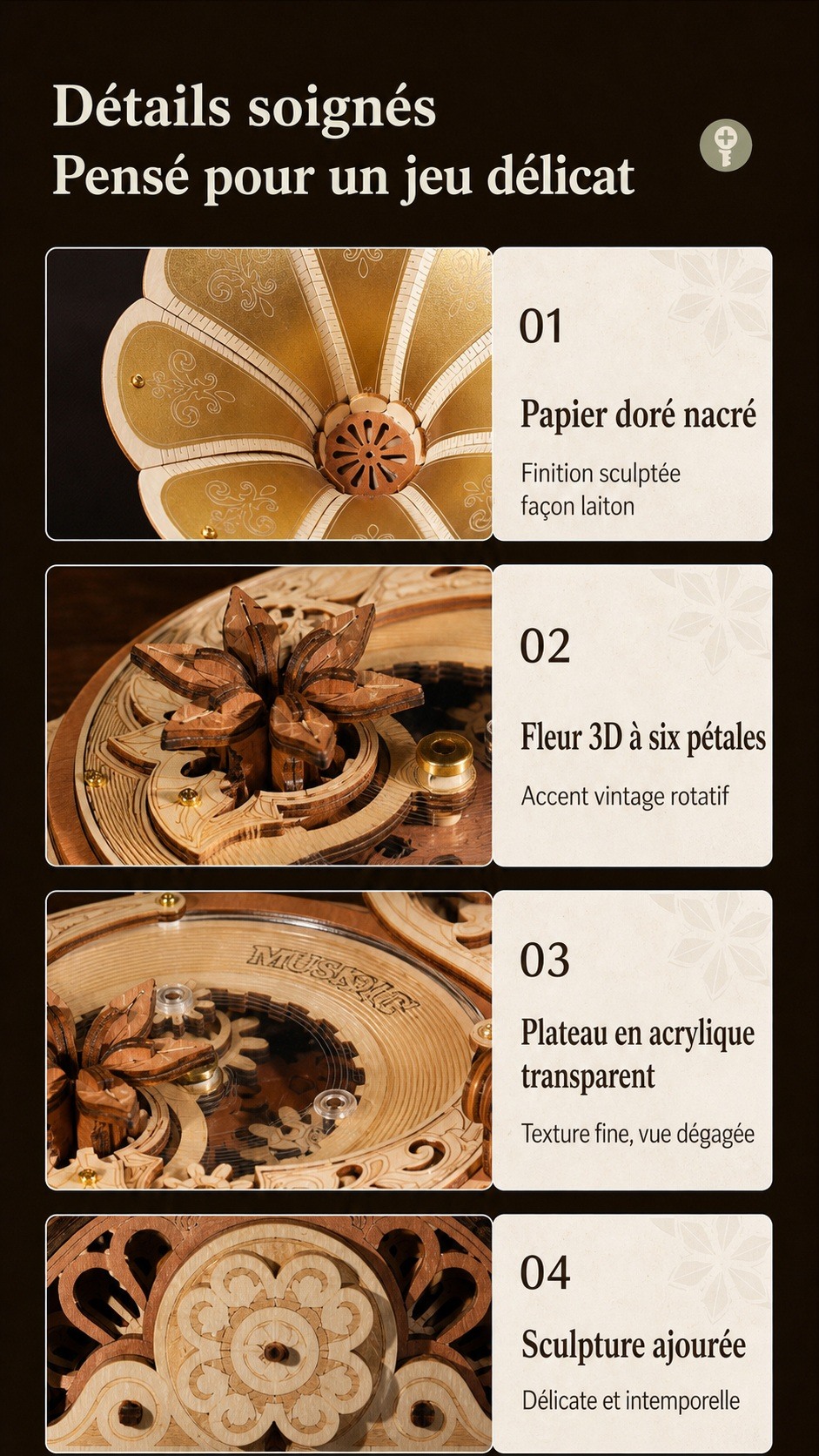 ROKR Diva Gramophone AMK82, details de finition avec papier dore nacre, fleur 3D, plateau acrylique et sculpture ajouree.
