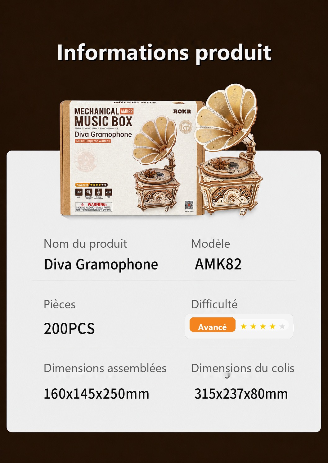 ROKR Diva Gramophone AMK82, carte d informations produit indiquant le modele AMK82, 200 pieces, dimensions assemblees et difficulte.