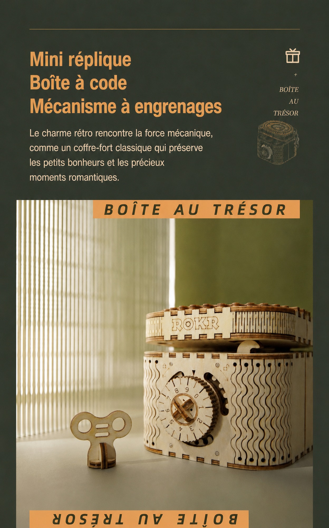 ROKR Treasure Box - puzzle 3D en bois LK502, detail du mecanisme et des engrenages
